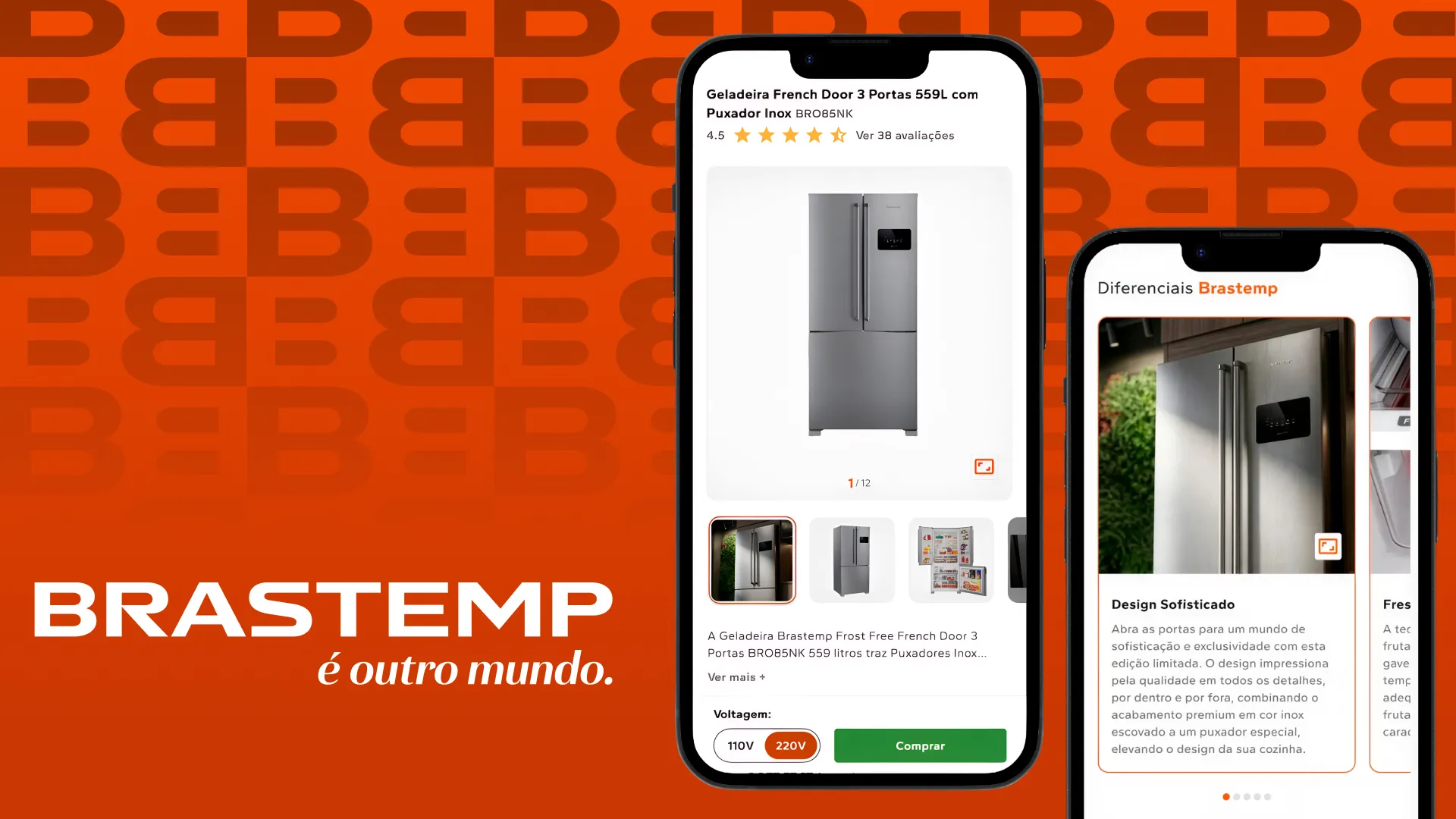 The redesigned Brastemp product page and differentiators module on mobile, over the brand pattern