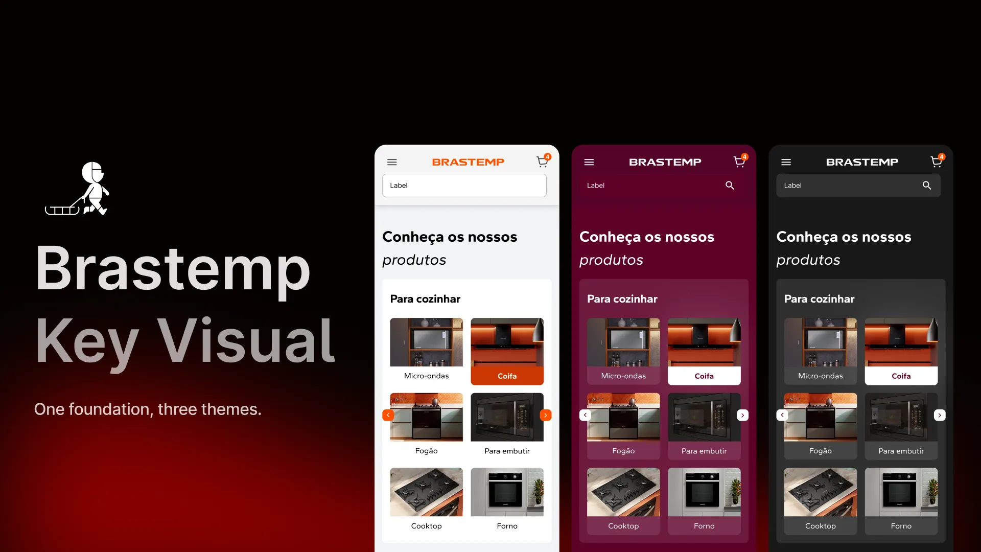 The same Brastemp page rendered in the three themes of the system: light, marsala, and dark